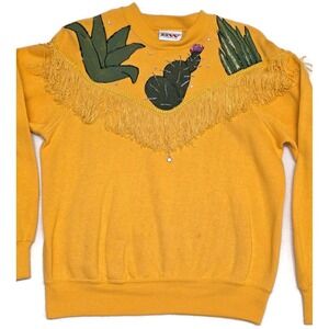 Vintage Bassett-Walker Sweatshirt Womens XL Yellow Cactus Fringe Western 80s 90s